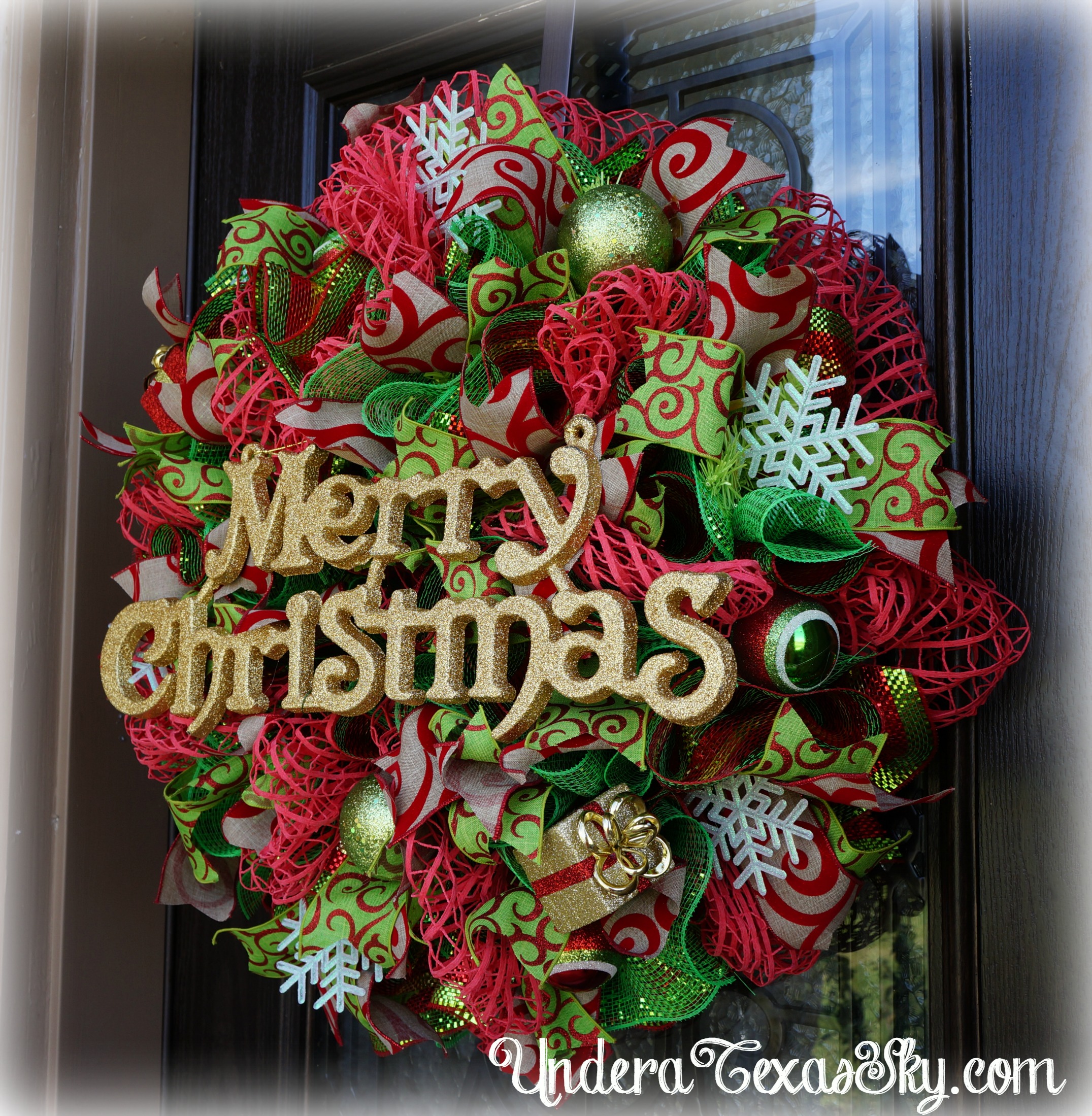 Red and Green Striped Deco Mesh Christmas Wreath