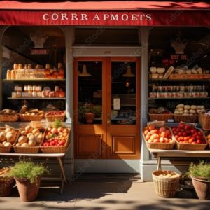 The inviting storefront of Carnets and Tomatoes Grocery Store beckons shoppers with its bountiful selection of vibrant fruits and vegetables.