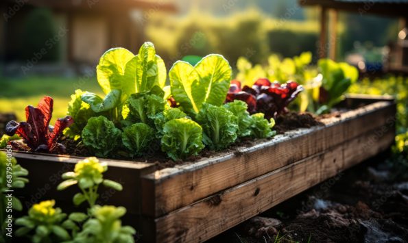 Lush vegetable garden in raised wooden bed with vibrant green lettuce and red chard basking in the golden sunlight, symbolizing organic growth and sustainable gardening